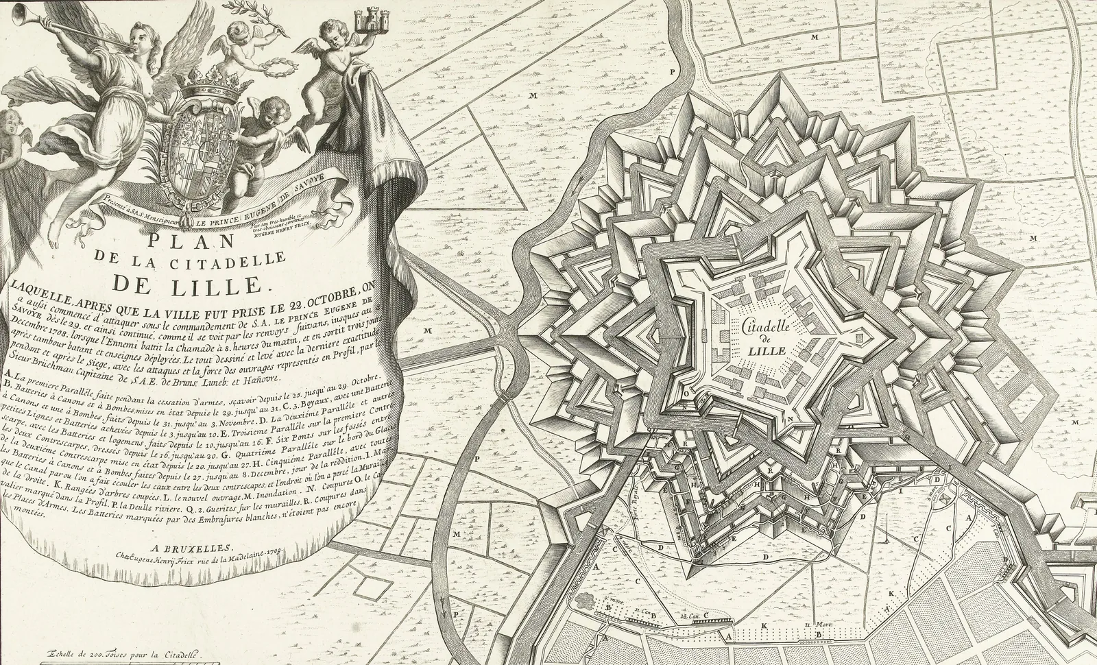 Le pentagone de la citadelle et ses ouvrages en étoile, sur un plan du siège de 1708 publié à Bruxelles par Eugène Henry Fricx en 1709.