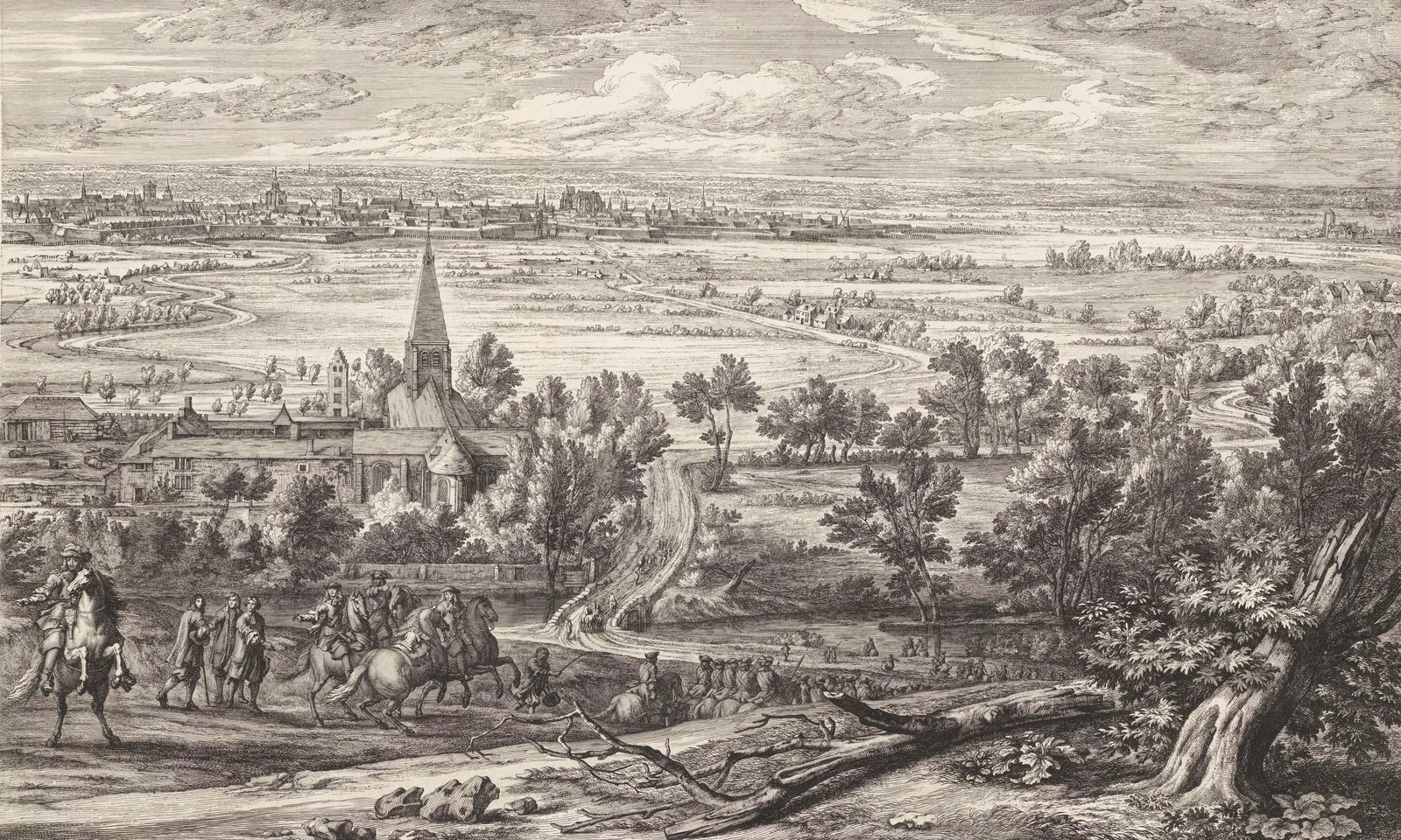 Lille assiégée en 1667, vue du côté du prieuré de Fives, avec l'armée du roi au premier plan : gravure de Jan van Huchtenburg et Adriaen Frans Boudewyns (1685), d'après un tableau d'Adam Frans van der Meulen.